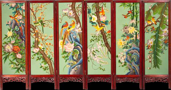 A six panel wood and enameled floor screen Each panel