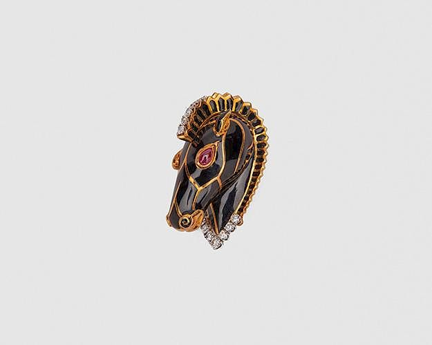 DAVID WEBB 18K Yellow Gold Platinum Enamel Diamond and Ruby