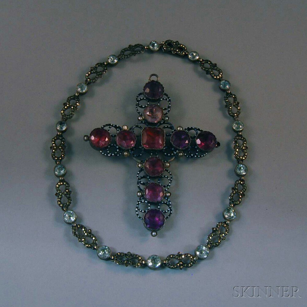 Two Pieces of Antique Paste Jewelry a silver light blue
