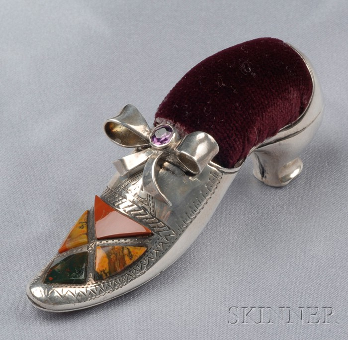 Whimsical Victorian Shoe form Sterling Silver and Scottish Agate Pincushion