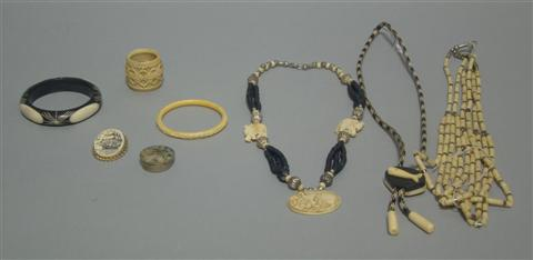 GROUP OF JEWELRY AND IVORY AND BONE UTENSILS Including a