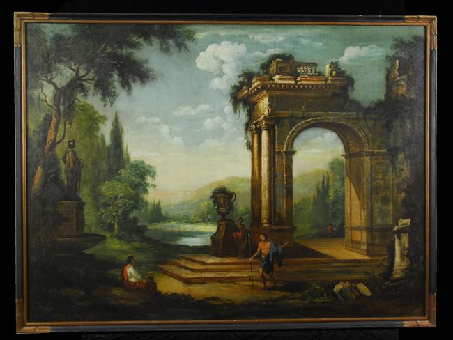 CONTINENTAL SCHOOL 19th century FIGURES IN A CLASSICAL LANDSCAPE oil