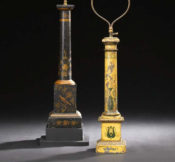 Tall French Black and Gold Tole Peinte Columnar Kerosene Lamp