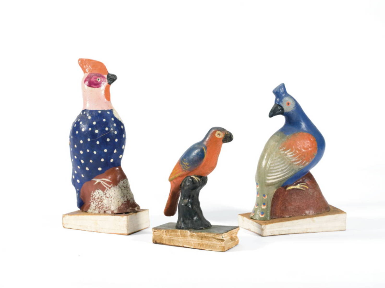THREE PAINTED PAPIER MACHE WOOD CLOTH OR LEATHER BIRD SQUEAK