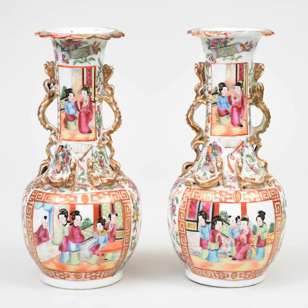 Pair of Chinese Rose Medallion Porcelain Bottle Vases 10 in