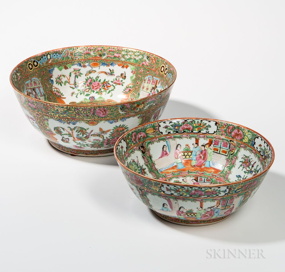 Two Rose Medallion Export Porcelain Punch Bowls Two Rose Medallion