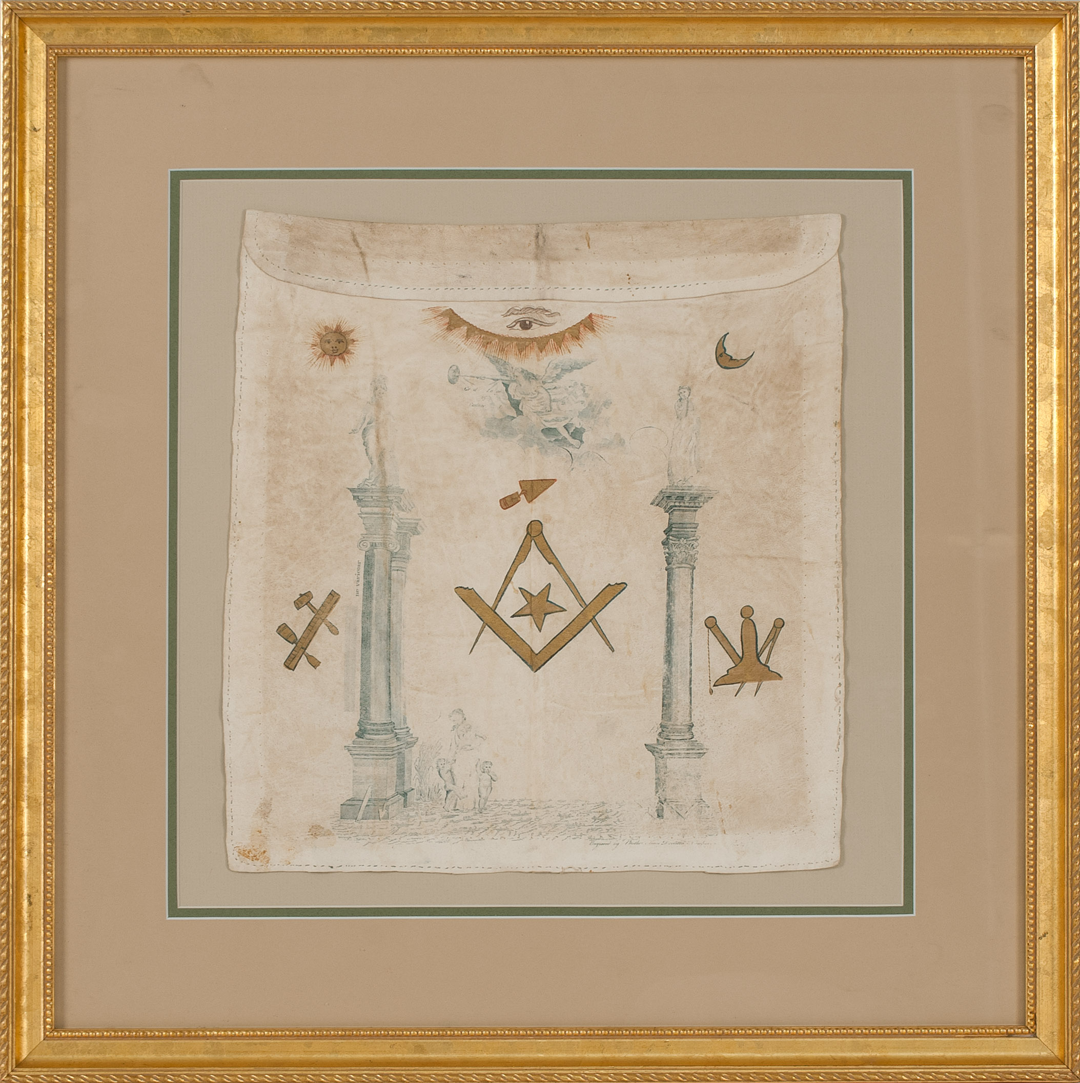 FRAMED MASONIC APRON Circa 1795 1805In white leather Printed blue
