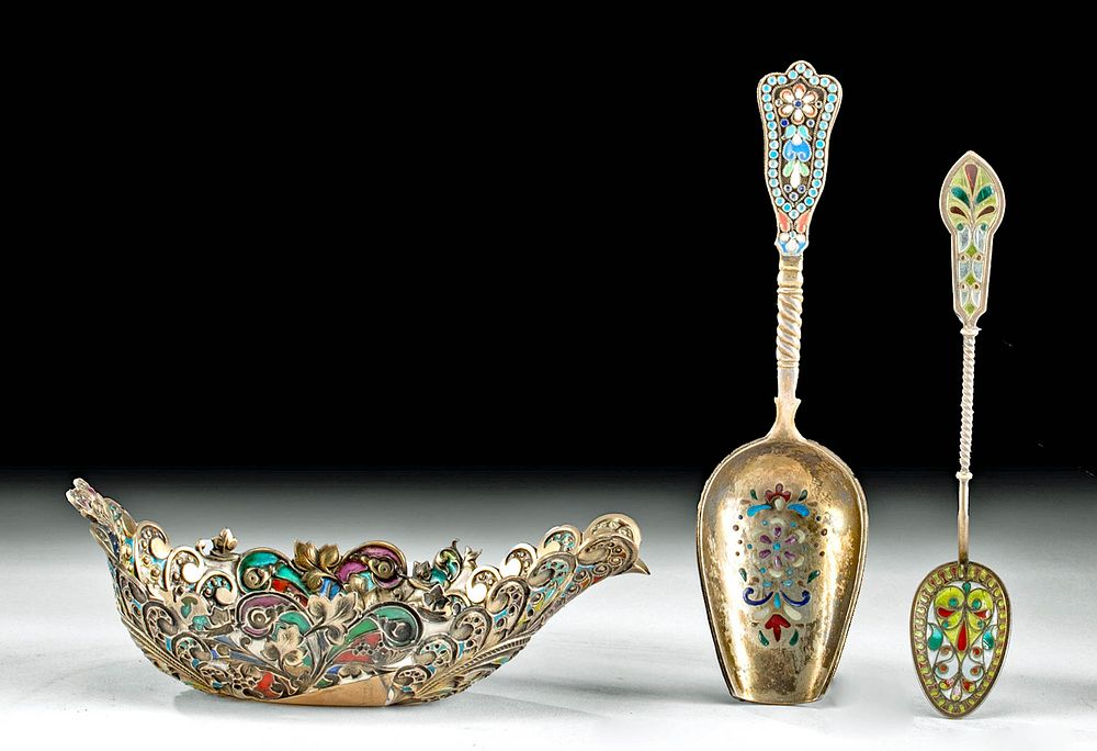 19th C European Gilt Silver Enamel Dish 2 Spoons United