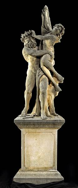 A good carved stone figural group on pedestal Rape of