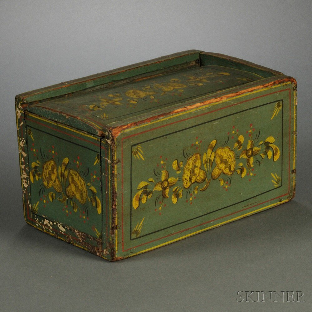 Green painted Slide lid Pine Box with Floral Decoration America