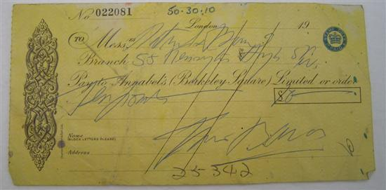 Francis Bacon signed cheque No 022081 A cheque for 10