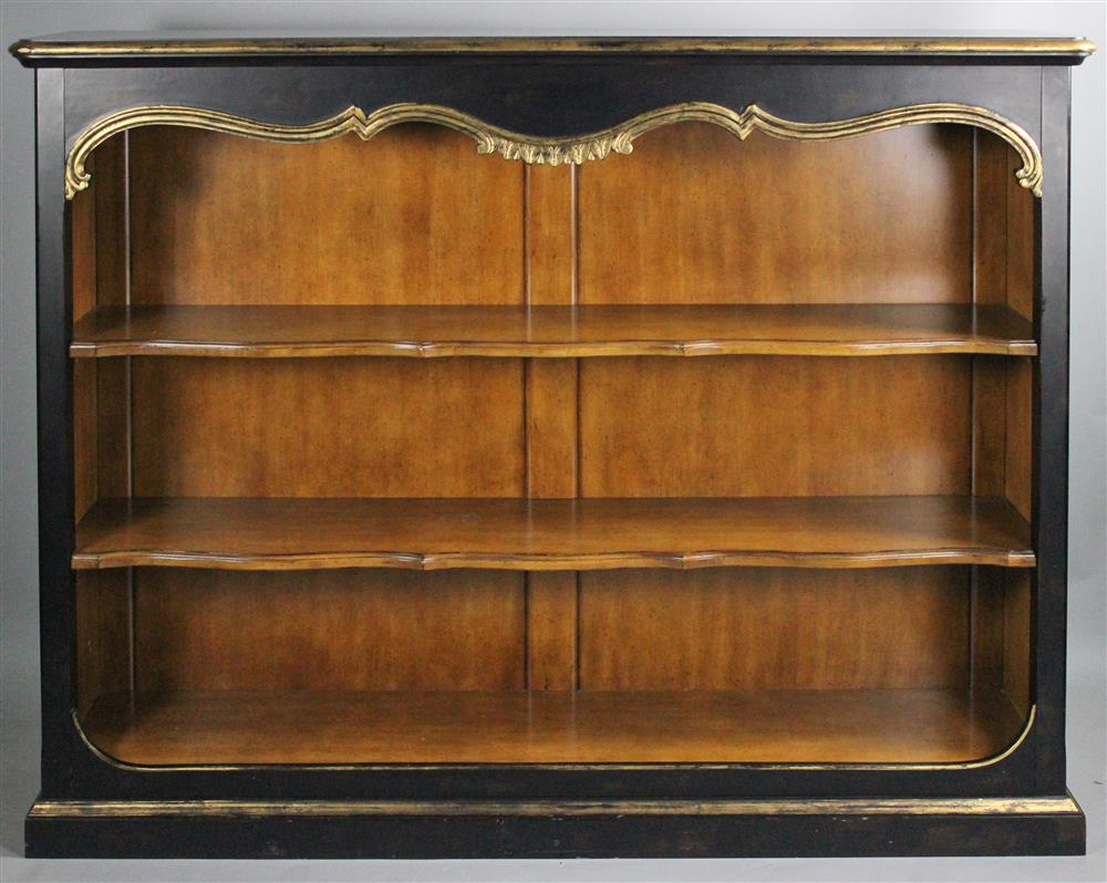 CENTURY FURNITURE CARVED AND EBONIZED BOOKCASE WITH GILT DECORATIONS having
