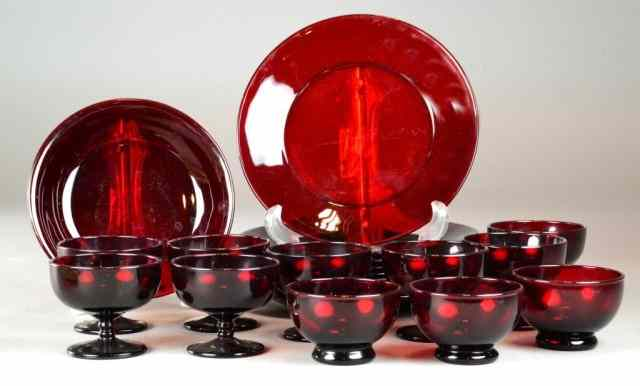 21 Pieces Of Ruby Glass DinnerwareTo include nine dinner plates