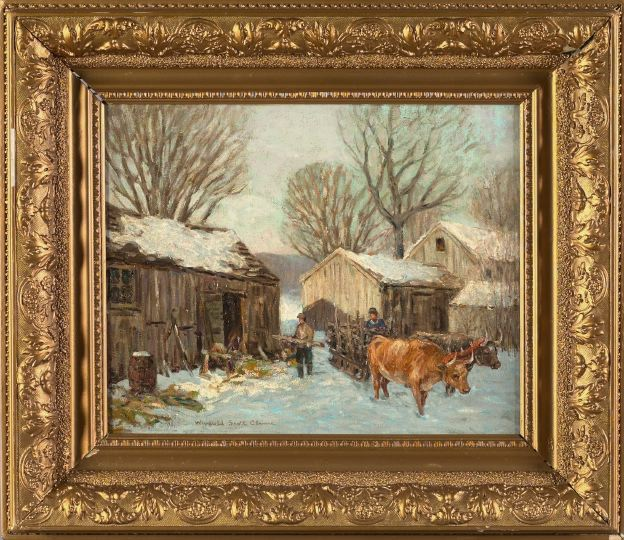 American School 20th Century Snow Scene with Farmers and Oxen