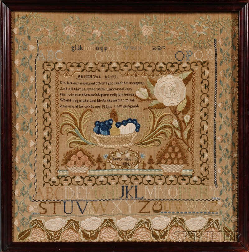 Needlework Sampler with Basket of Fruit Design Fanny Hale 1824
