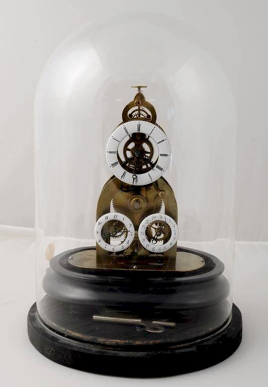 French Brass Enamel Column Skeleton Clock French brass and enamel