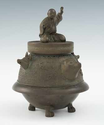 A Japanese Kuma Bear and Matagi Dogs Bronze Incense Burner