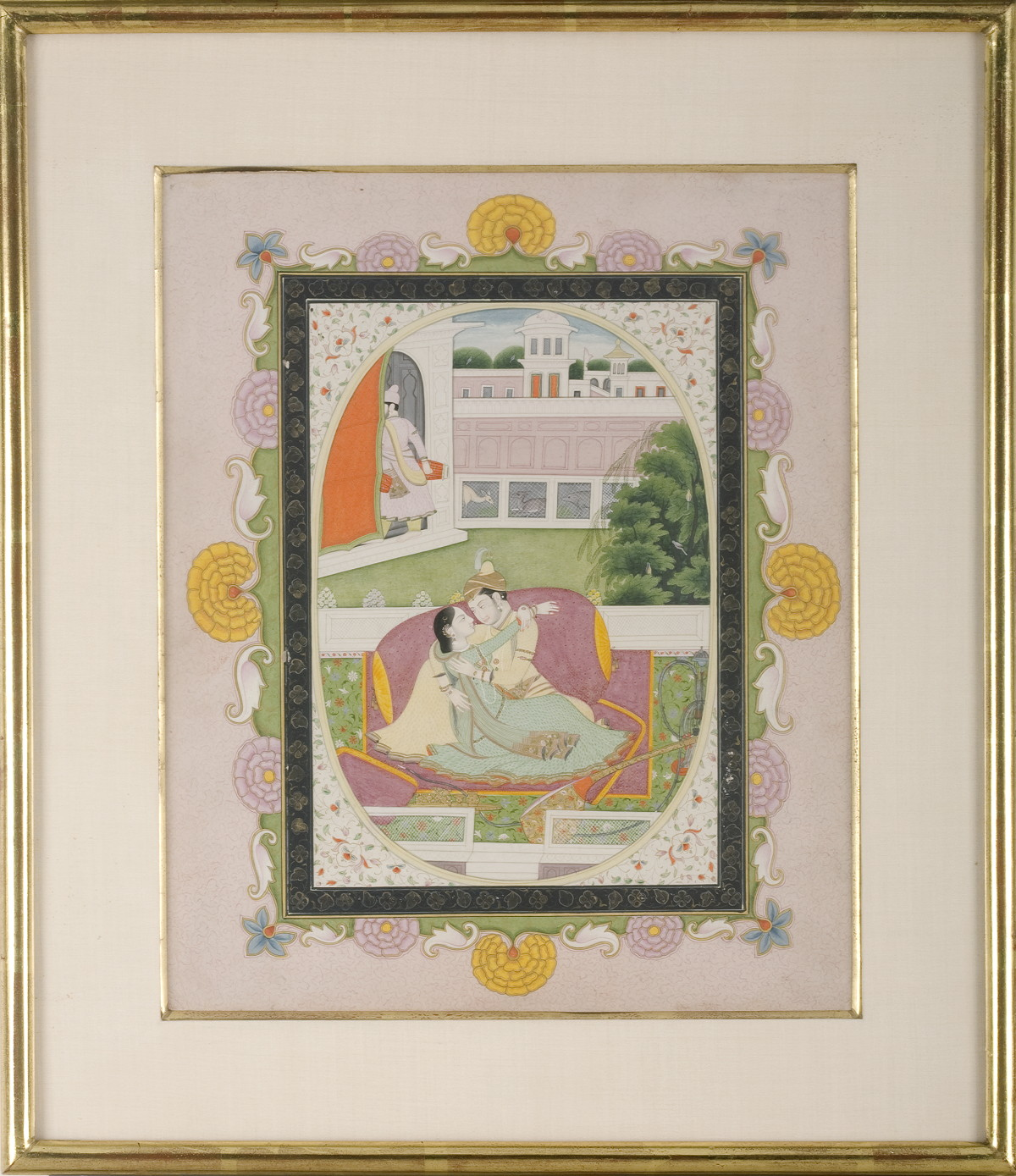INDIAN MINIATURE PAINTING OF AN AMOROUS COUPLE IN AN EMBRACE