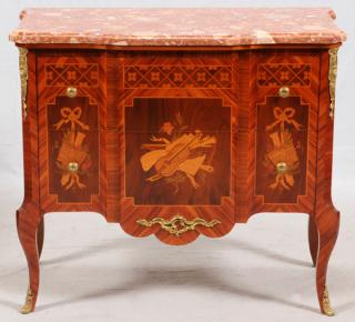 FRENCH FRUITWOOD AND MARBLE COMMODE C 1900 FRENCH FRUITWOOD AND