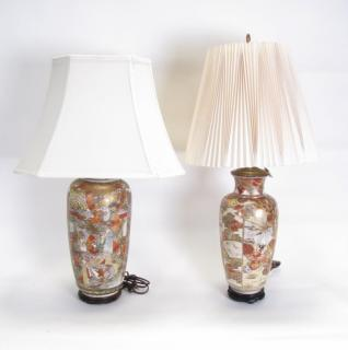 Description Two Satsuma Porcelain Lamps both depicting figures in military