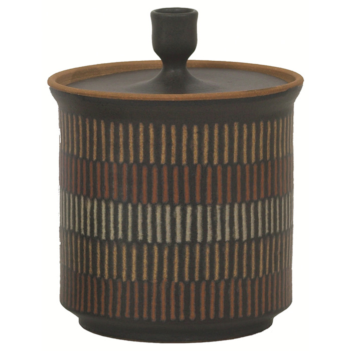 Clyde Burt covered jar stoneware cylindrical form covered in a