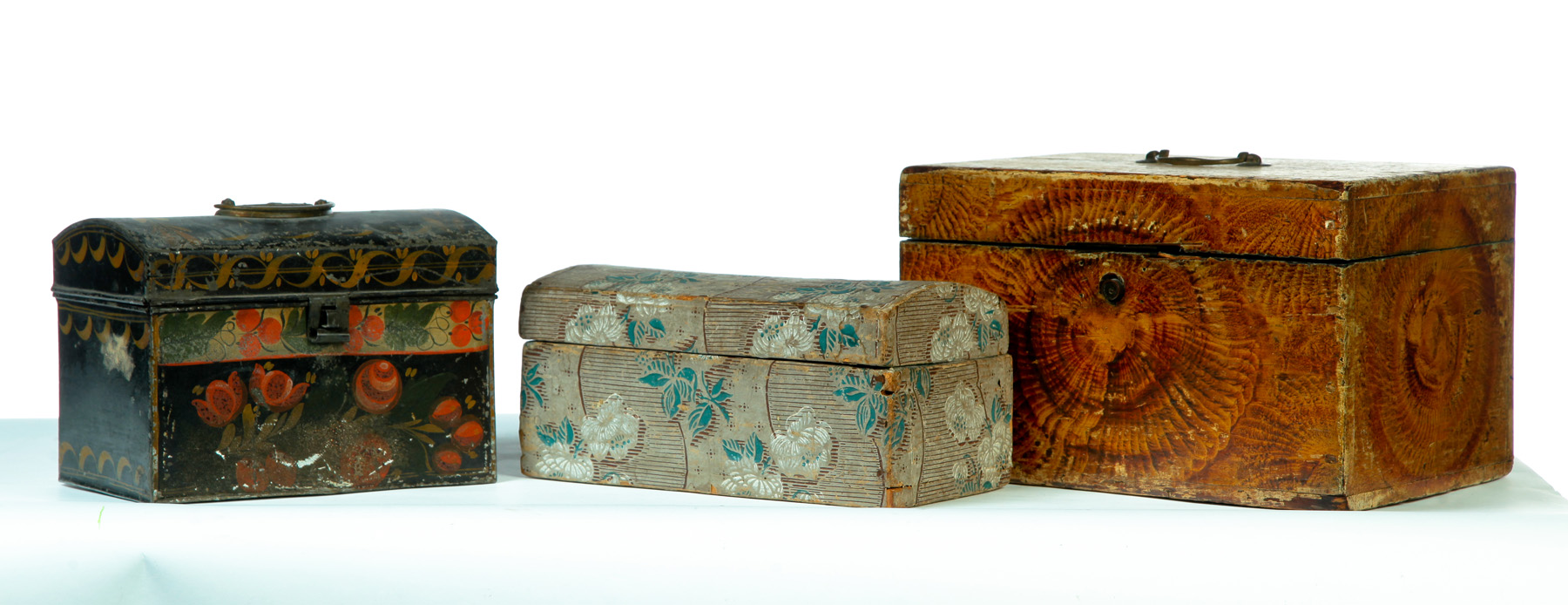 THREE BOXES American mid 19th century Dome top tole document