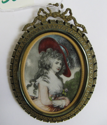 VICTORIAN MINIATURE OIL PAINTING woman with long curly hair wearing