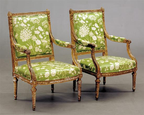 Pair Louis XVI style carved giltwood armchairs last quarter 19th