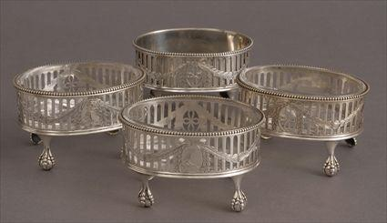 SET OF FOUR GEORGE III ARMORIAL SILVER OVAL SALTS Marks