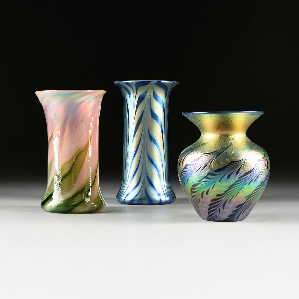 A GROUP OF THREE LUNDBERG STUDIOS ART GLASS VASES CALIFORNIA