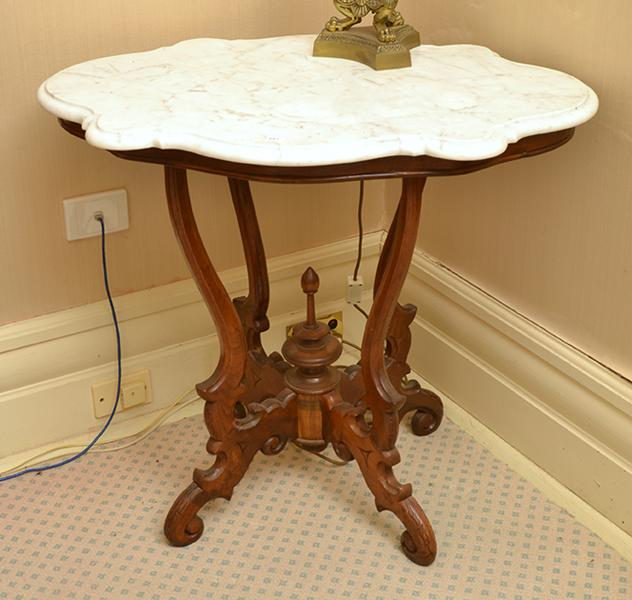 SHAPED MARBLE TOPPED OCCASSIONAL TABLE ON A BIRDCAGE BASE 73