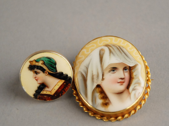 Two Pieces of 19th C Portrait Painted Porcelain Jewelry an