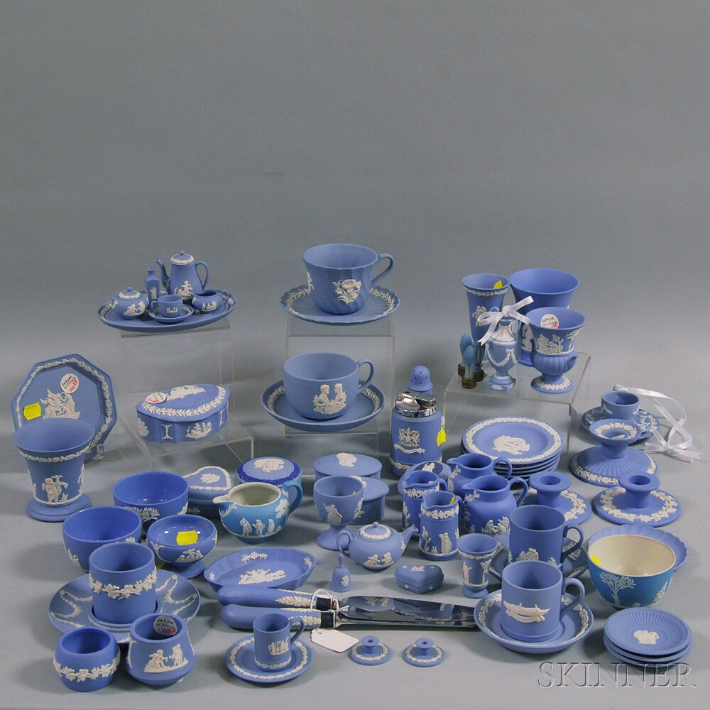 Approximately Seventy Mostly Modern Blue Jasper Wedgwood Items including a