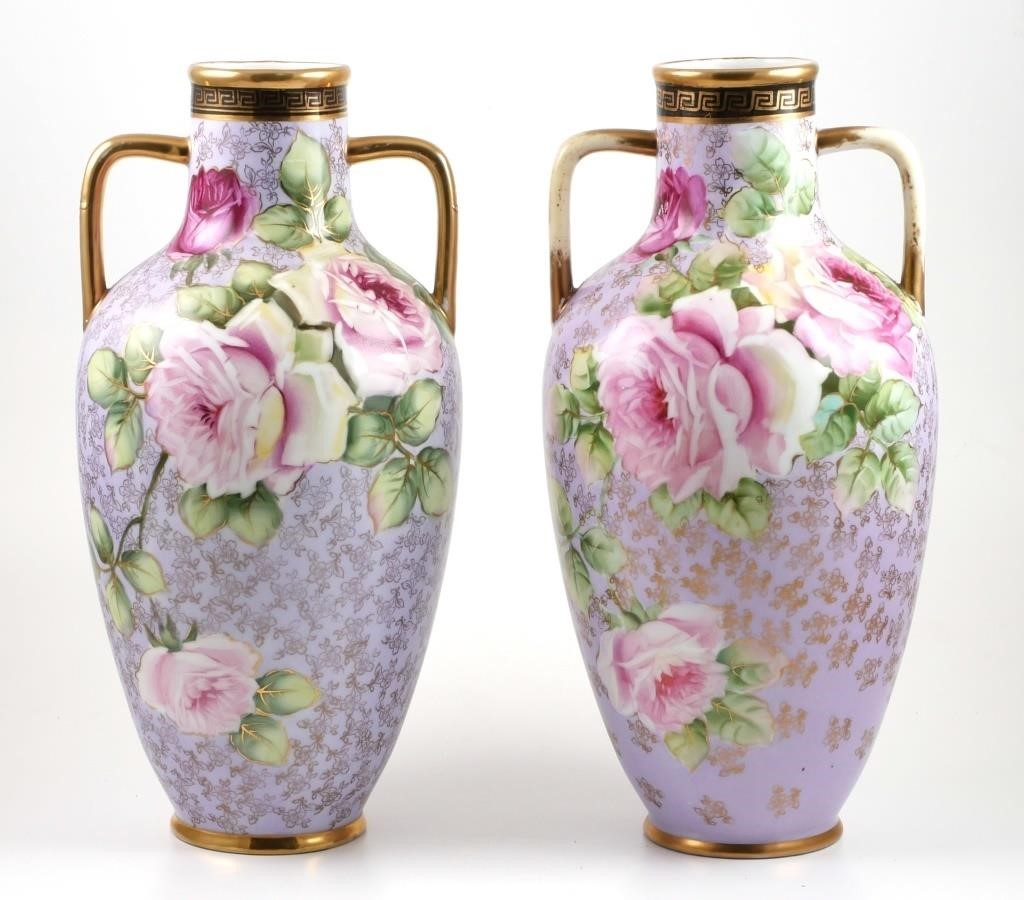 Floral and gilt design Handpainted Nippon handled Grecian style urn