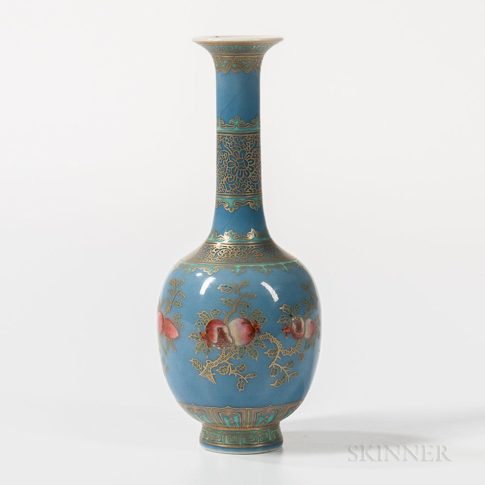 Gilt Enameled Sky Blue glazed Bottle Vase Gilt Enameled Sky