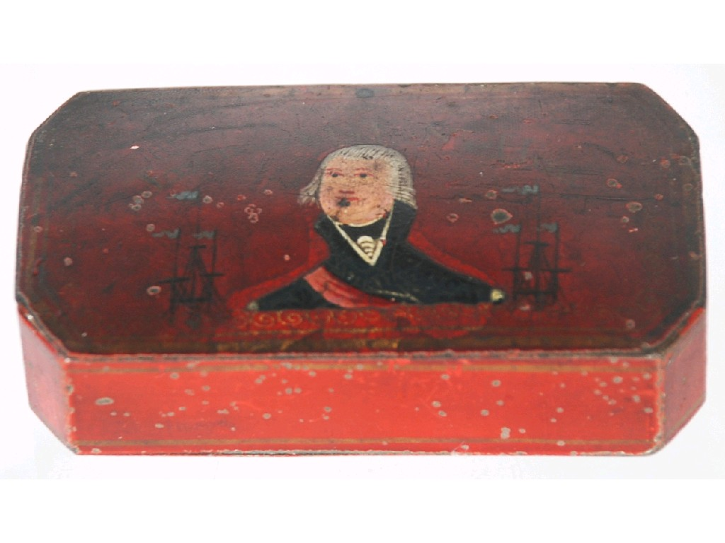 EARLY NINETEENTH CENTURY COLD PAINTED TIN SNUFF BOX oblong with