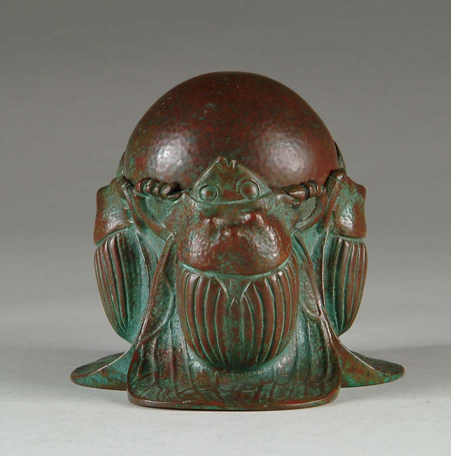 RARE TIFFANY STUDIOS INKWELL Three fashioned scarabs supporting a bronze