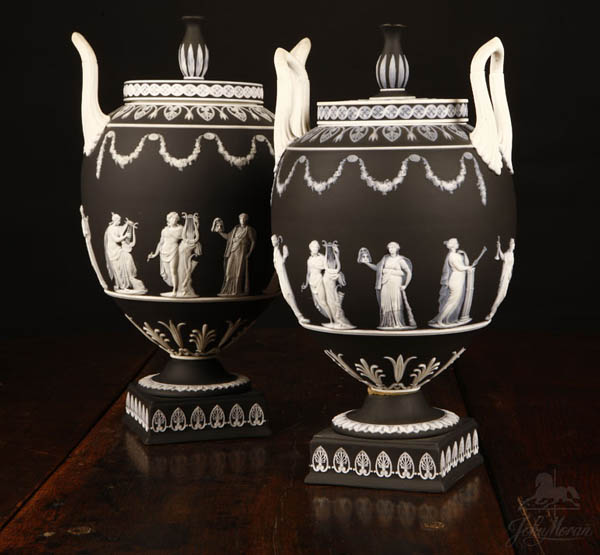 Near pair Wedgwood black white jasperware vases Near pair Wedgwood