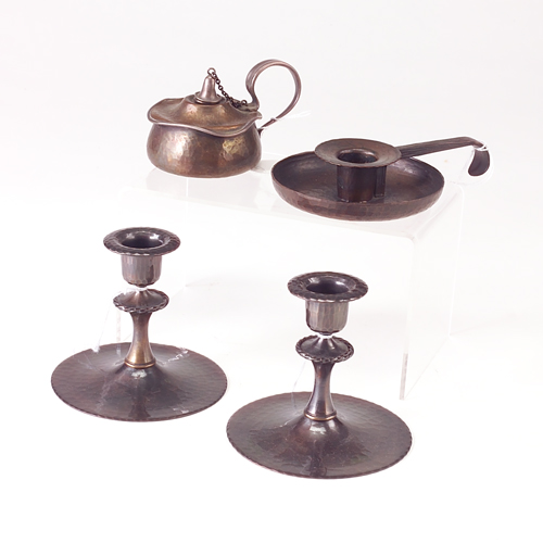 ROYCROFT ETC Roycroft hammered copper candlesticks and chamberstick and unidentified