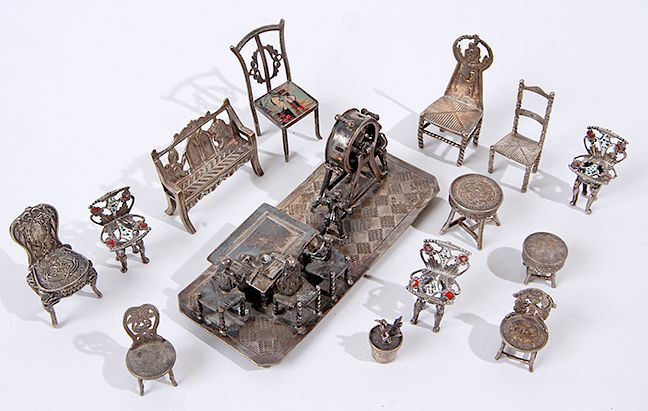 MINIATURE SIVER FURNITURE A COLLECTION OF FOURTEEN SILVER MINIATURES WITH