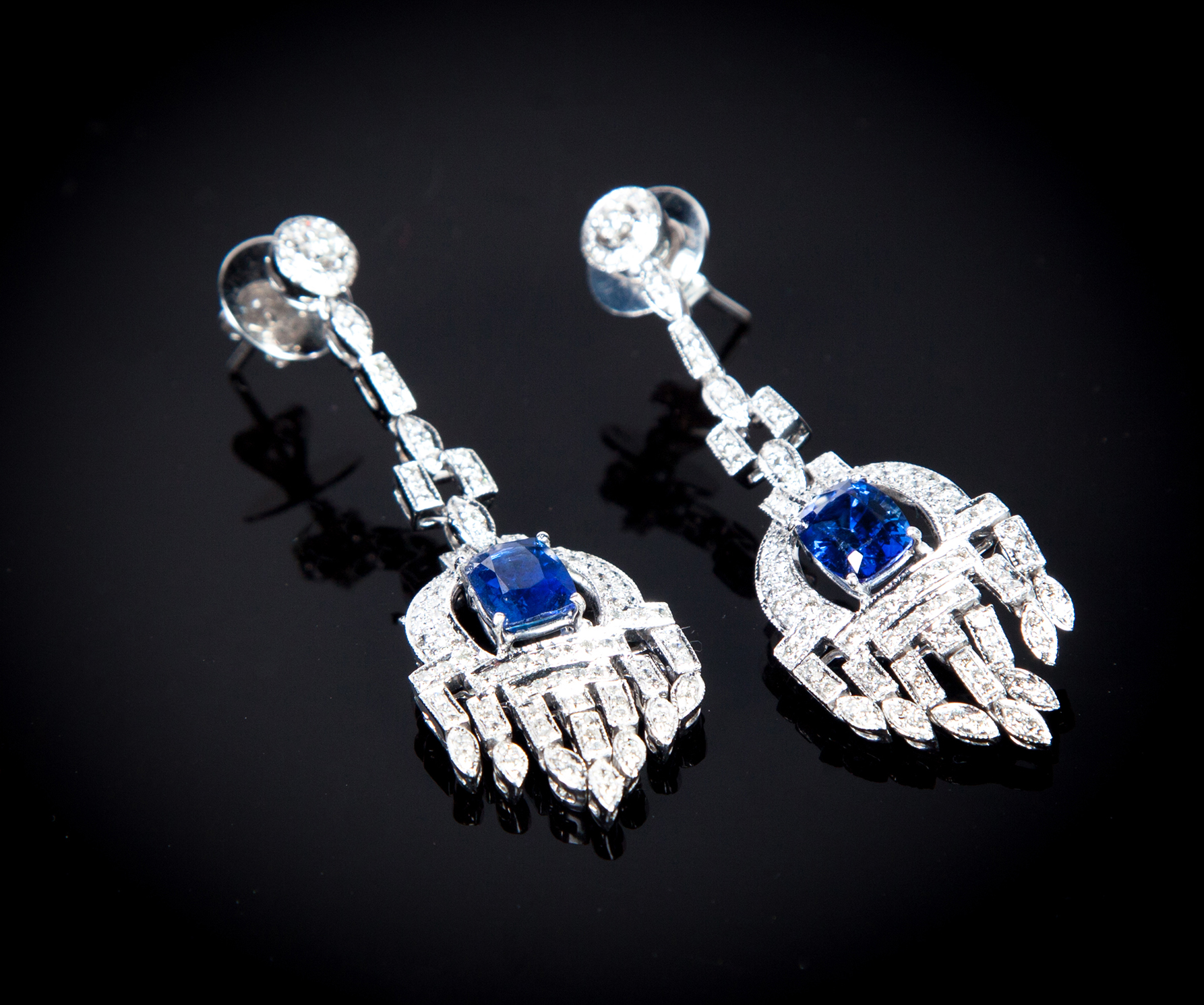 ART DECO STYLE SAPPHIRE AND DIAMOND EARRINGS American 21st century