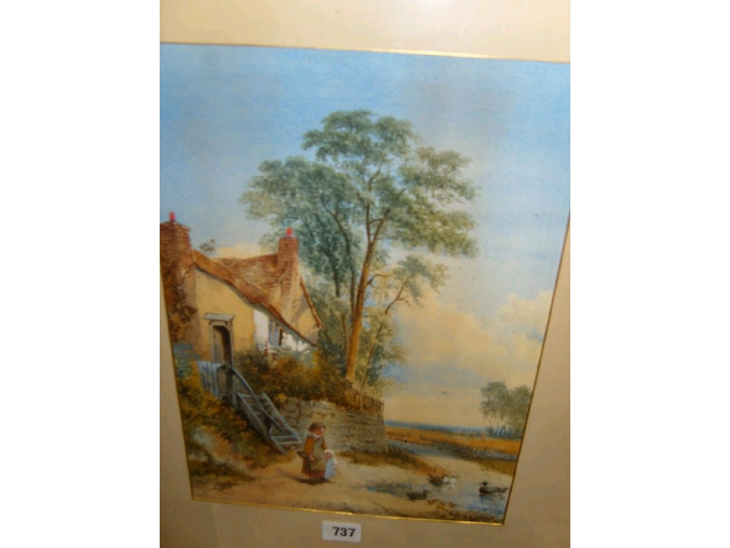 A Victorian watercolour showing children feeding ducks by a stream