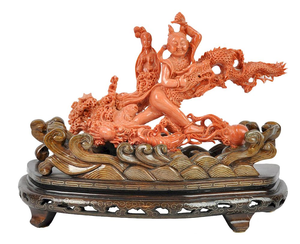 Chinese Carved Red Coral Sculpture on Wood Base Chinese carved