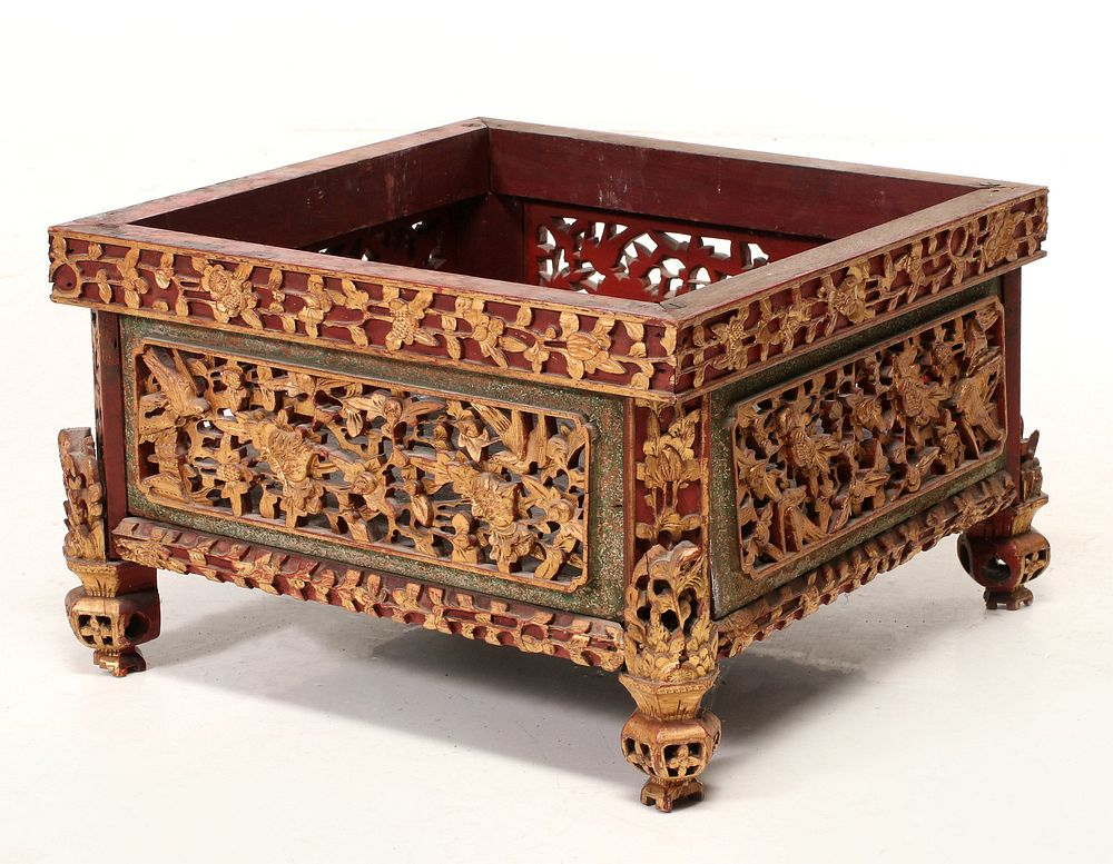 A HIGHLY CARVED GILT LACQUER CHINESE JARDINIERE STAND The square