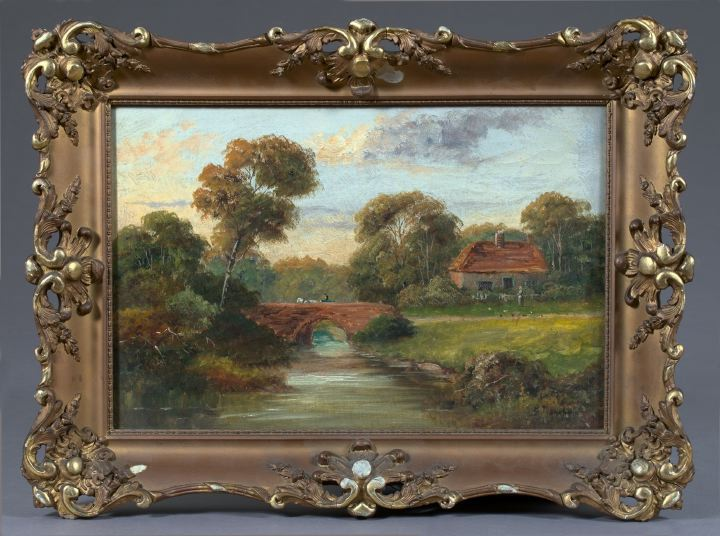 British School Early 20th Century Cottage Landscape with Figures and