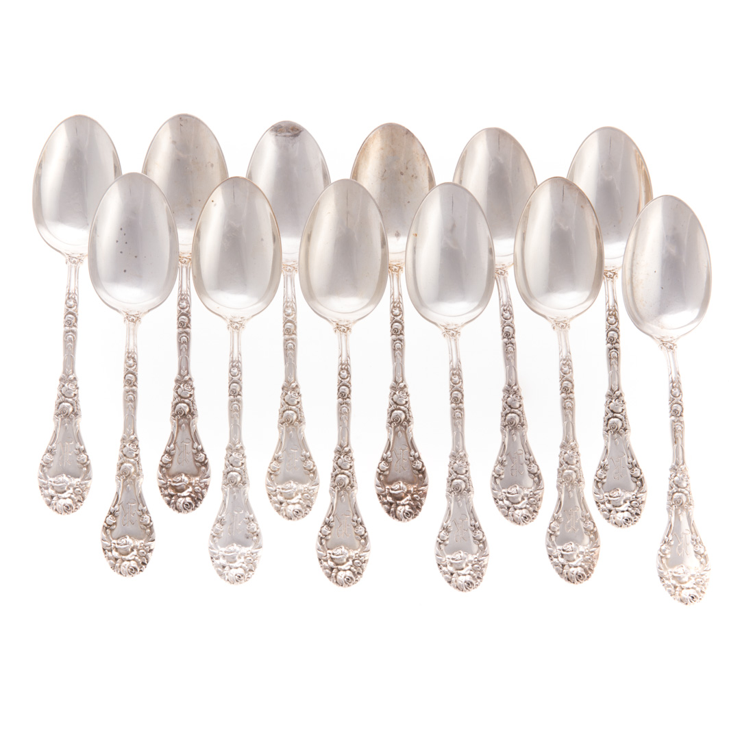 12 Durgin Marechal Niel sterling dessert spoons set of 12
