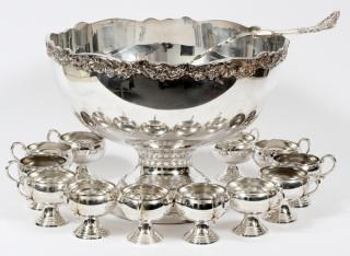 F B ROGERS SILVER PLATE PUNCHBOWL AND CUPS F B