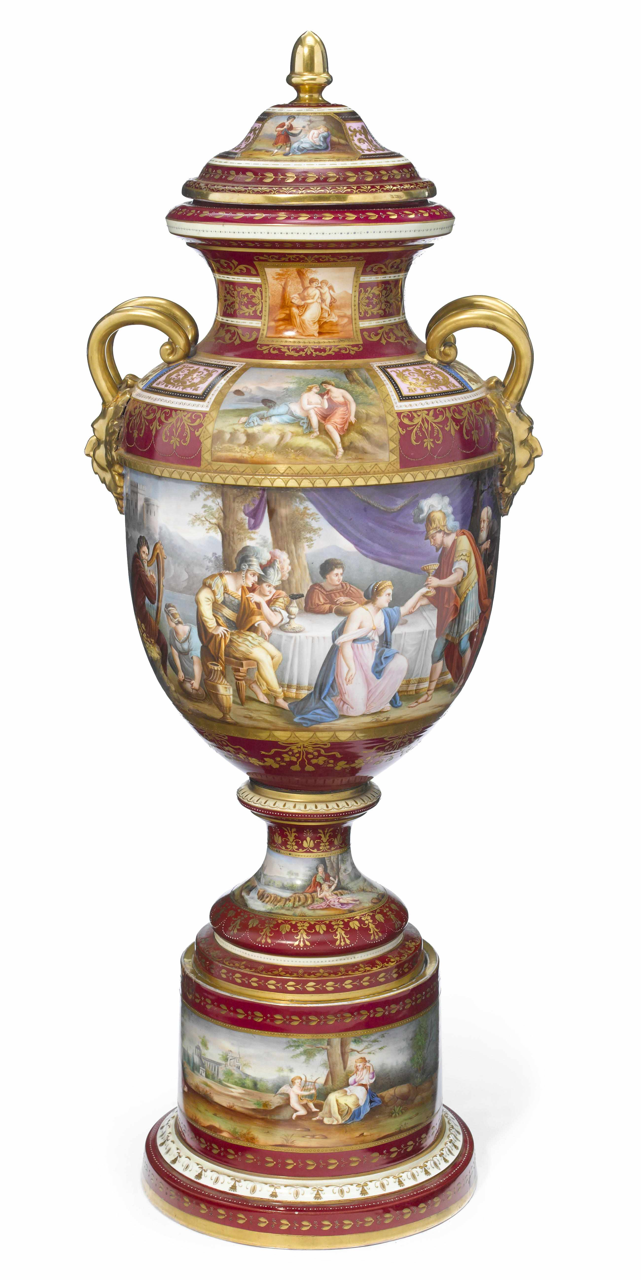 An imposing Vienna style porcelain covered urn on stand late