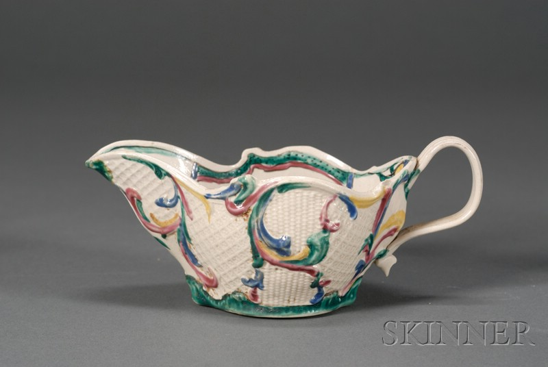 Staffordshire Enameled White Saltglazed Stoneware Sauce Boat England 18th century