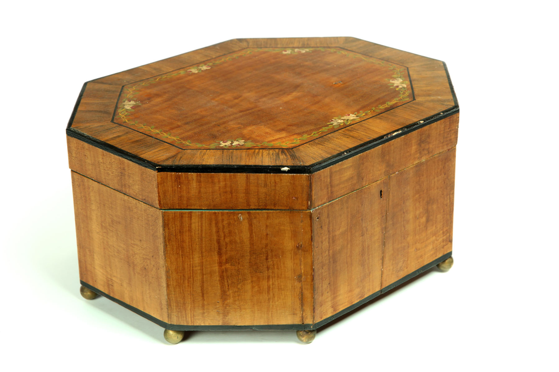 DECORATED SEWING BOX American mid 19th century pine Octagonal with